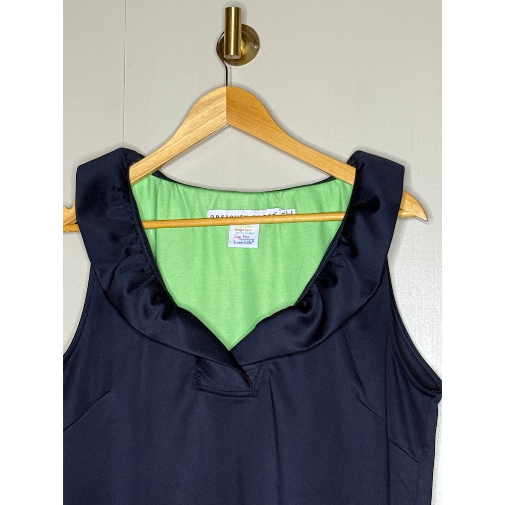 Gretchen Scott Navy Blue Ruffle Collar Sleeveless Top Lime Green Lining XL - Picture 2 of 8